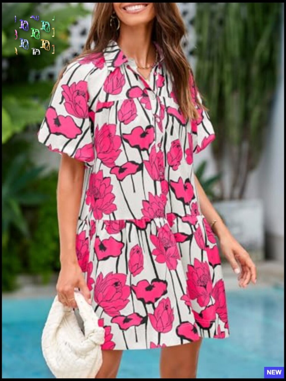 Floral Button Down Shirt Dress Puff Sleeve Casual Loose Fit Mini Summer Boho - Picture 5 of 7